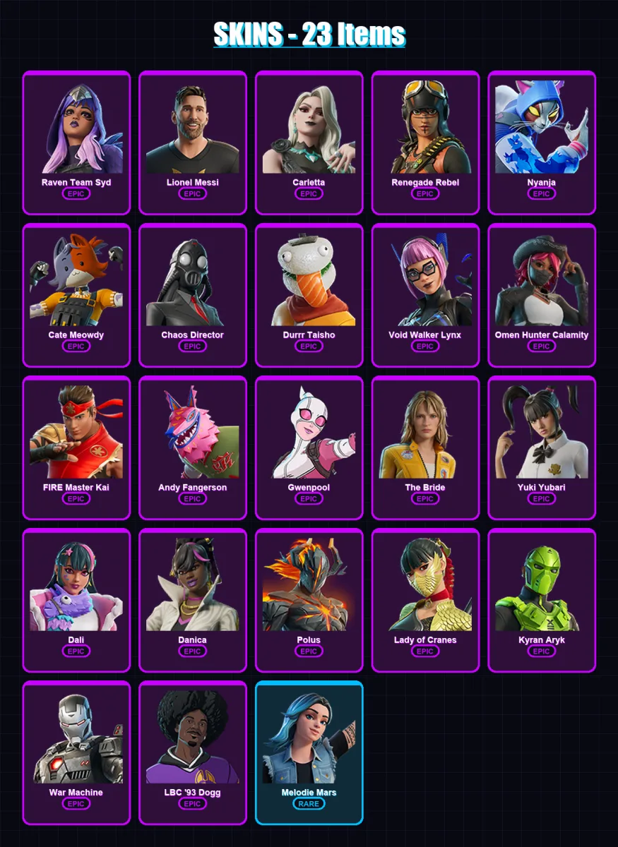 [PC/PSN] | Raven Team Syd | Lionel Messi | Carletta | Renegade Rebel | Nyanja | 23 skin | 30 pickaxe | 16 emote | 18 glider | Lv91 — Fortnite account