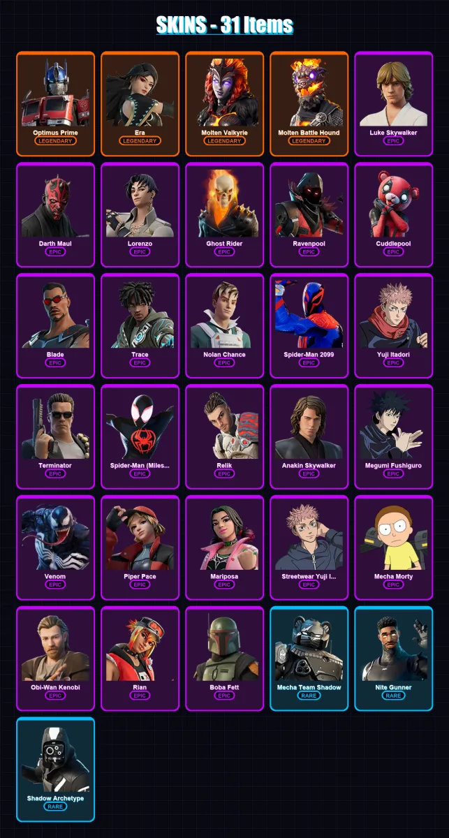 [PC/PSN] | Optimus Prime | Era | Molten Valkyrie | Molten Battle Hound | Luke Skywalker | 31 skin | 25 pickaxe | 31 emote | 19 glider | Lv175