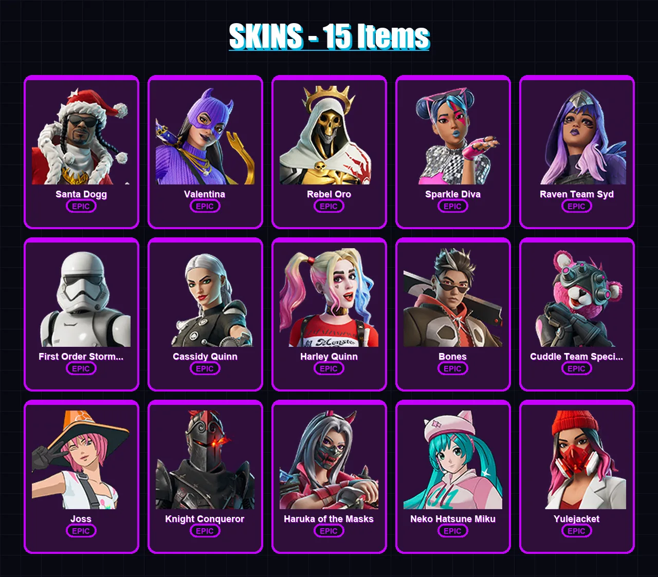 [PC/PSN] | Santa Dogg | Valentina | Rebel Oro | Sparkle Diva | Raven Team Syd | 15 skin | 26 pickaxe | 15 emote | 16 glider | Lv105