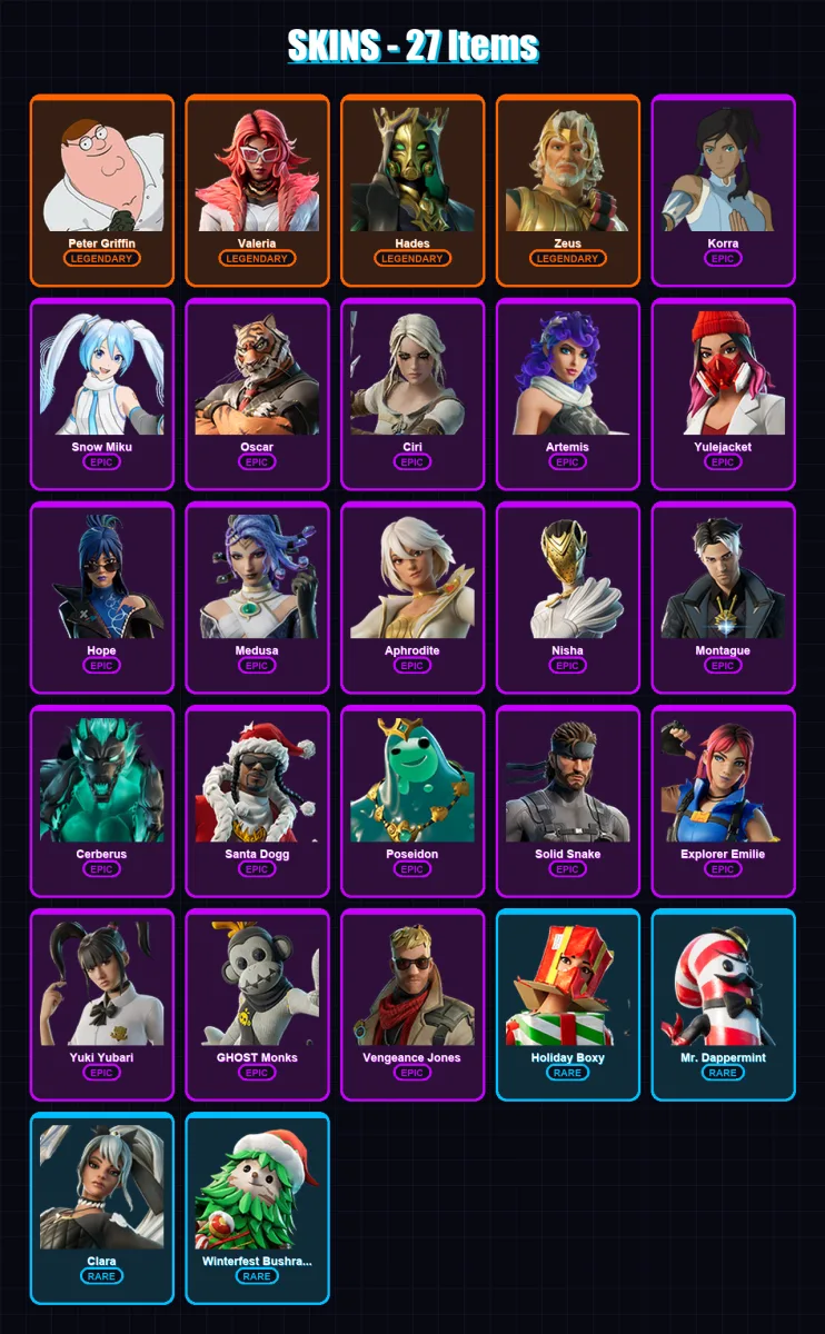 [PC/XBOX/PSN] | Peter Griffin | Valeria | Hades | Zeus | Korra | 27 skin | 42 pickaxe | 34 emote | 30 glider | Lv412