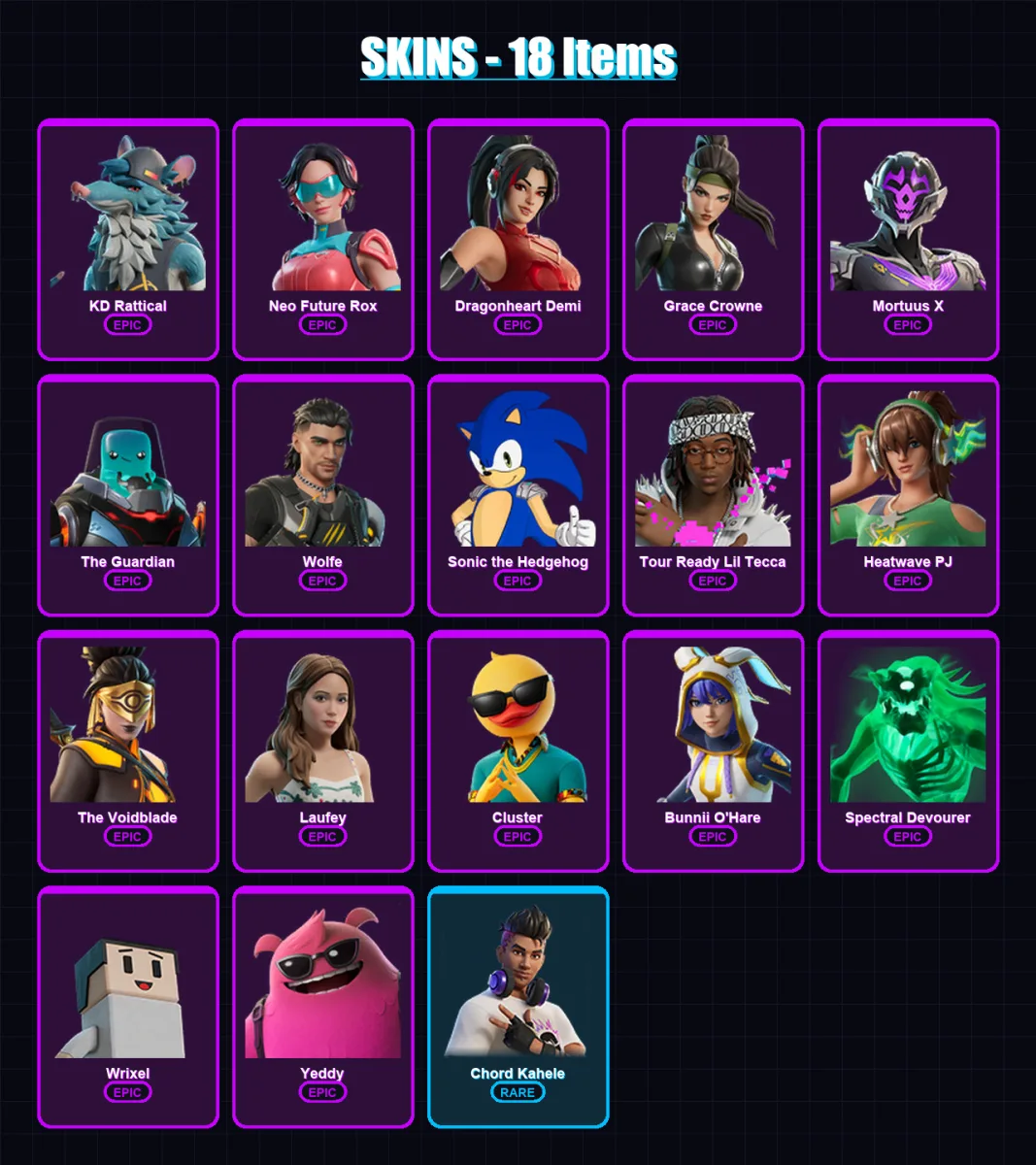 [PC/PSN] | KD Rattical | Neo Future Rox | Dragonheart Demi | Grace Crowne | Mortuus X | 18 skin | 26 pickaxe | 12 emote | 16 glider | Lv132