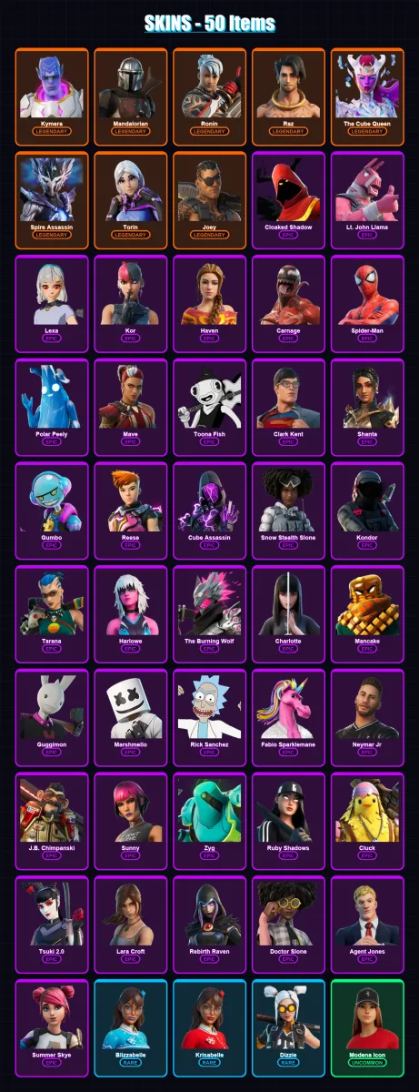 [PC/XBOX/PSN] | Kymera | Mandalorian | Ronin | Raz | The Cube Queen | 50 skin | 62 pickaxe | 41 emote | 51 glider | Lv751