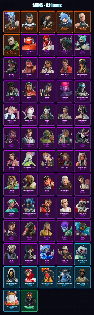 [PC/XBOX/PSN] | Renzo the Destroyer | The Ageless | Era | Nezumi | Paradigm (Reality-659) | 62 skin | 92 pickaxe | 68 emote | 81 glider | Lv1129