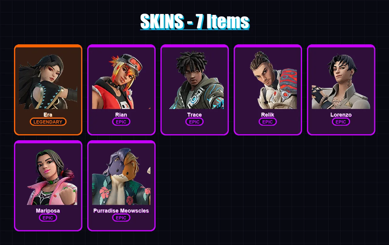 [PC/PSN] | Era | Rian | Trace | Relik | Lorenzo | 7 skin | 8 pickaxe | 9 emote | 10 glider | Lv98