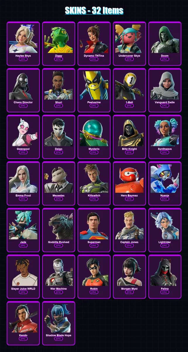 [SWITCH/XBOX/PSN/PC] | Haylee Skye | Ziggy | Dynamo TNTina | Undercover Skye | Doom | 32 skin | 90 pickaxe | 52 emote | 66 glider | Lv1083