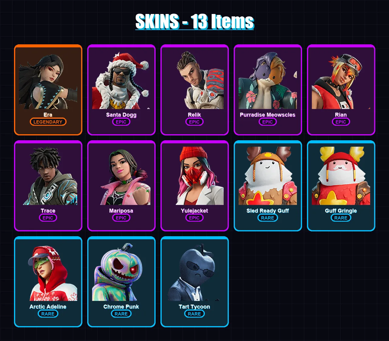 [PC/XBOX] | Era | Santa Dogg | Relik | Purradise Meowscles | Rian | 13 skin | 41 pickaxe | 26 emote | 41 glider | Lv636