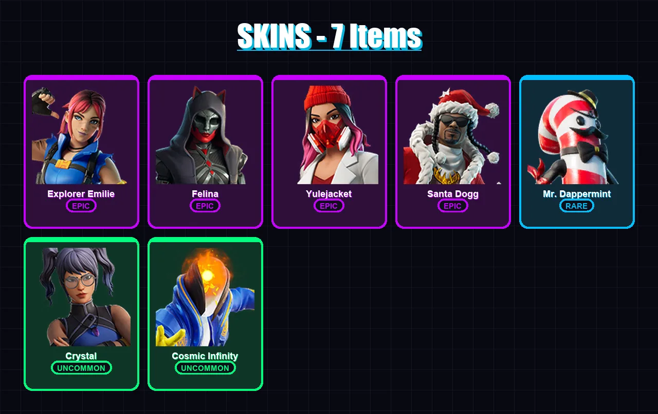 [PC/PSN] | Explorer Emilie | Felina | Yulejacket | Santa Dogg | Mr. Dappermint | 7 skin | 35 pickaxe | 21 emote | 26 glider | Lv733