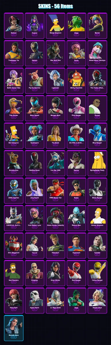[PS4/PS5/XBOX/PC] | Sedona | Augury | Marge Simpson | Ziggy | Bernie | 56 skin | 63 pickaxe | 42 emote | 30 glider | Lv271