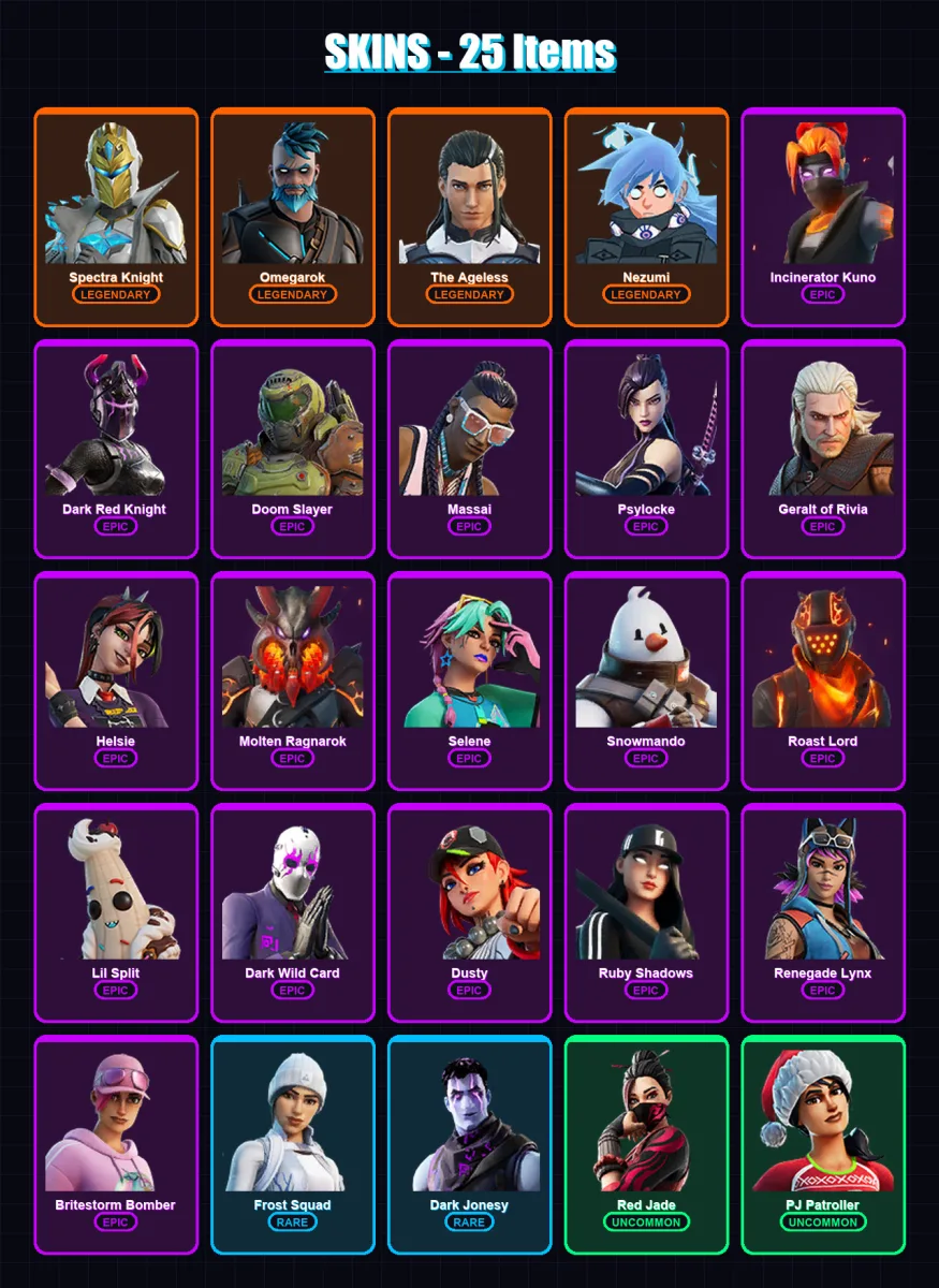 [PC/XBOX/PSN] | Spectra Knight | Omegarok | The Ageless | Nezumi | Incinerator Kuno | 25 skin | 44 pickaxe | 35 emote | 51 glider | Lv996