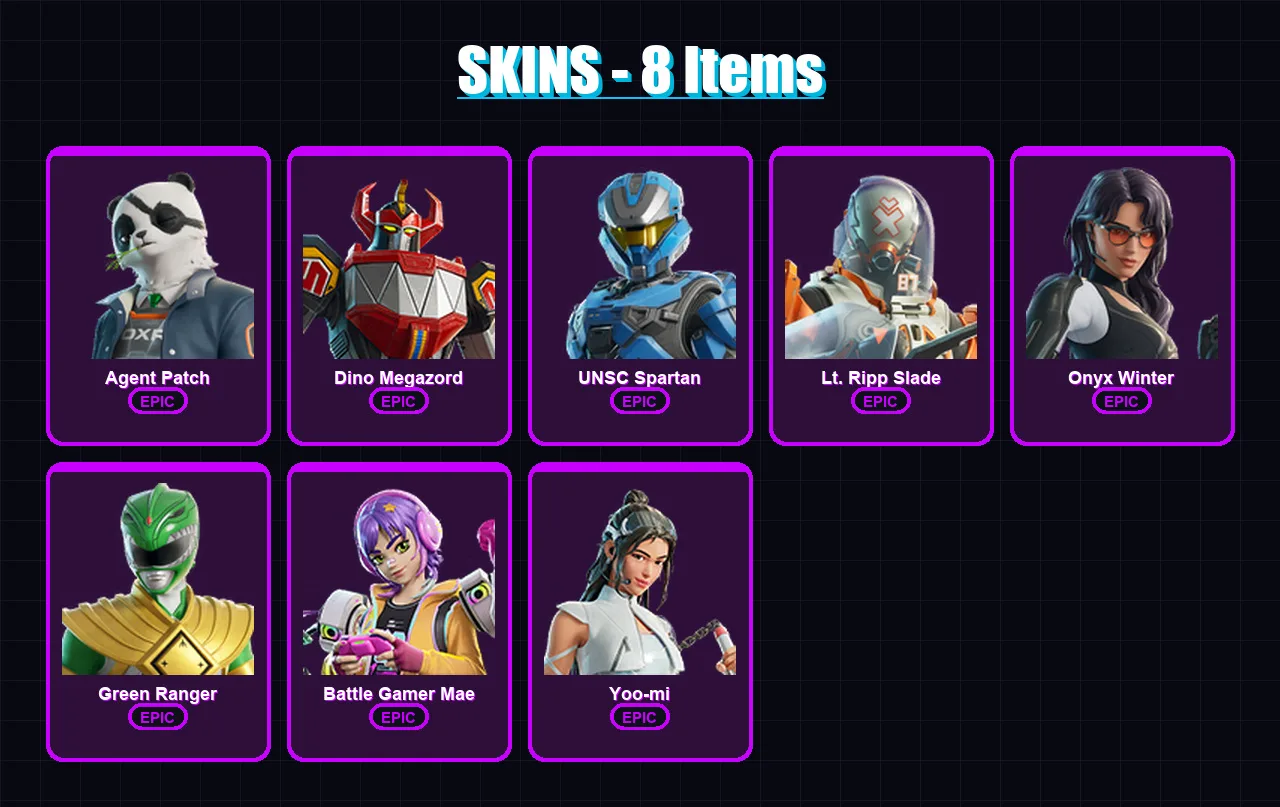 [SWITCH/XBOX/PSN/PC] | Agent Patch | Dino Megazord | UNSC Spartan | Lt. Ripp Slade | Onyx Winter | 8 skin | 12 pickaxe | 12 emote | 13 glider | Lv22
