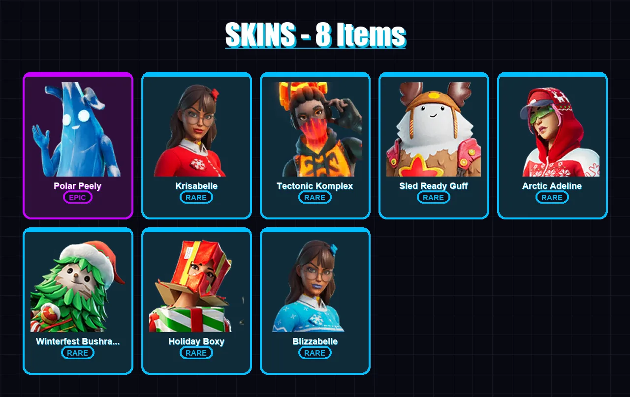 [PC/XBOX/PSN] | Polar Peely | Krisabelle | Tectonic Komplex | Sled Ready Guff | Arctic Adeline | 8 skin | 18 pickaxe | 13 emote | 19 glider | Lv241
