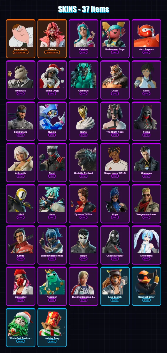 [PC] | Peter Griffin | Valeria | Katalina | Undercover Skye | Hero Baymax | 37 skin | 81 pickaxe | 52 emote | 61 glider | Lv969