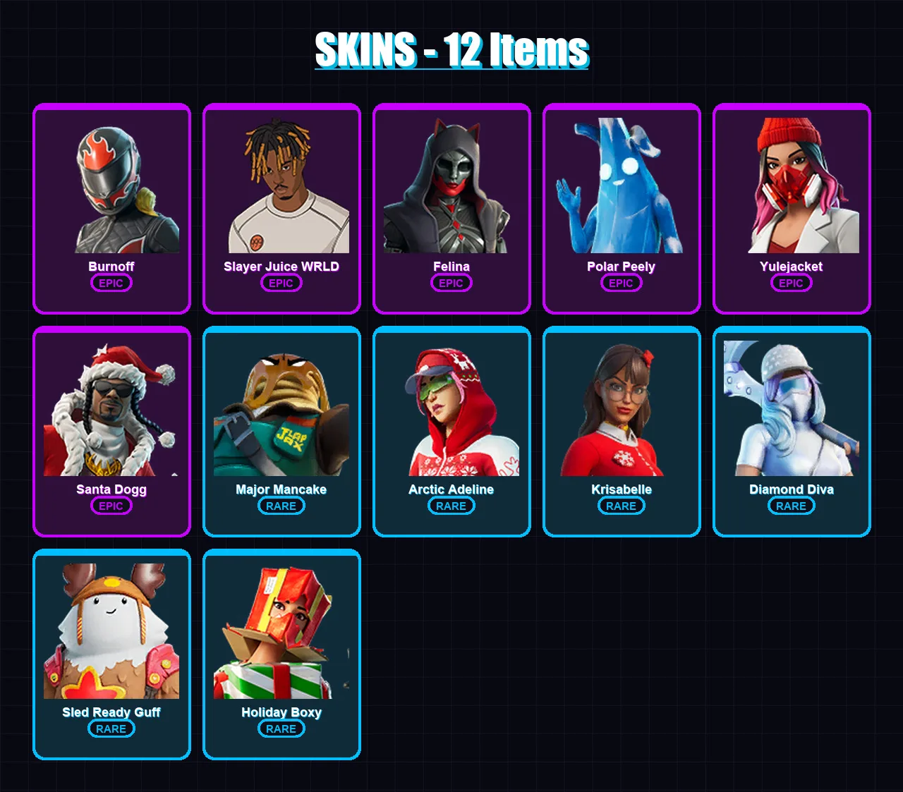 [PC/XBOX] | Burnoff | Slayer Juice WRLD | Felina | Polar Peely | Yulejacket | 12 skin | 65 pickaxe | 40 emote | 54 glider | Lv1071 — Fortnite account
