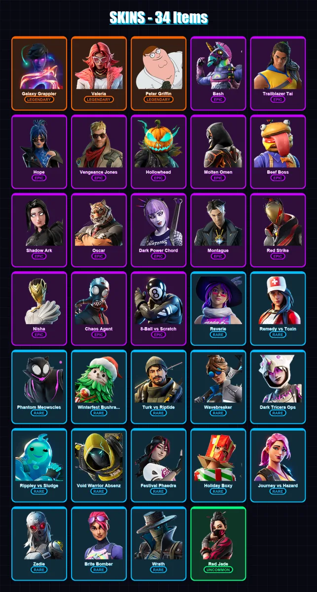 [PC/XBOX/PSN] | Galaxy Grappler | Valeria | Peter Griffin | Bash | Trailblazer Tai | 34 skin | 29 pickaxe | 25 emote | 15 glider | Lv236 — Fortnite account