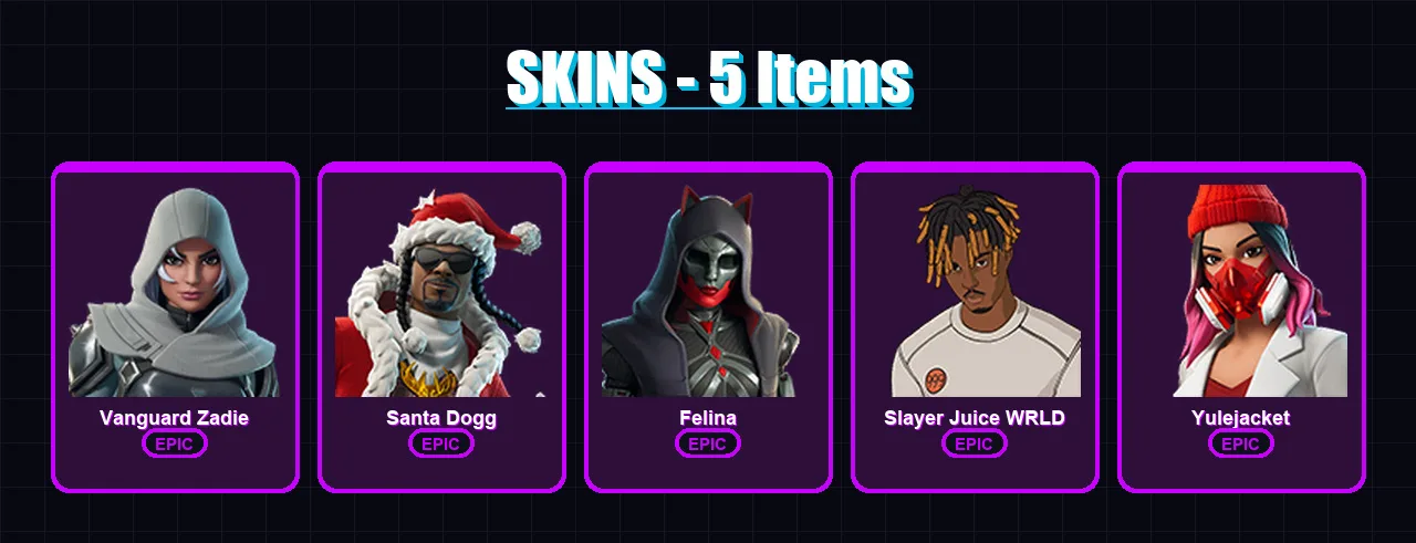[PC/XBOX/PSN] | Vanguard Zadie | Santa Dogg | Felina | Slayer Juice WRLD | Yulejacket | 5 skin | 39 pickaxe | 19 emote | 26 glider | Lv931