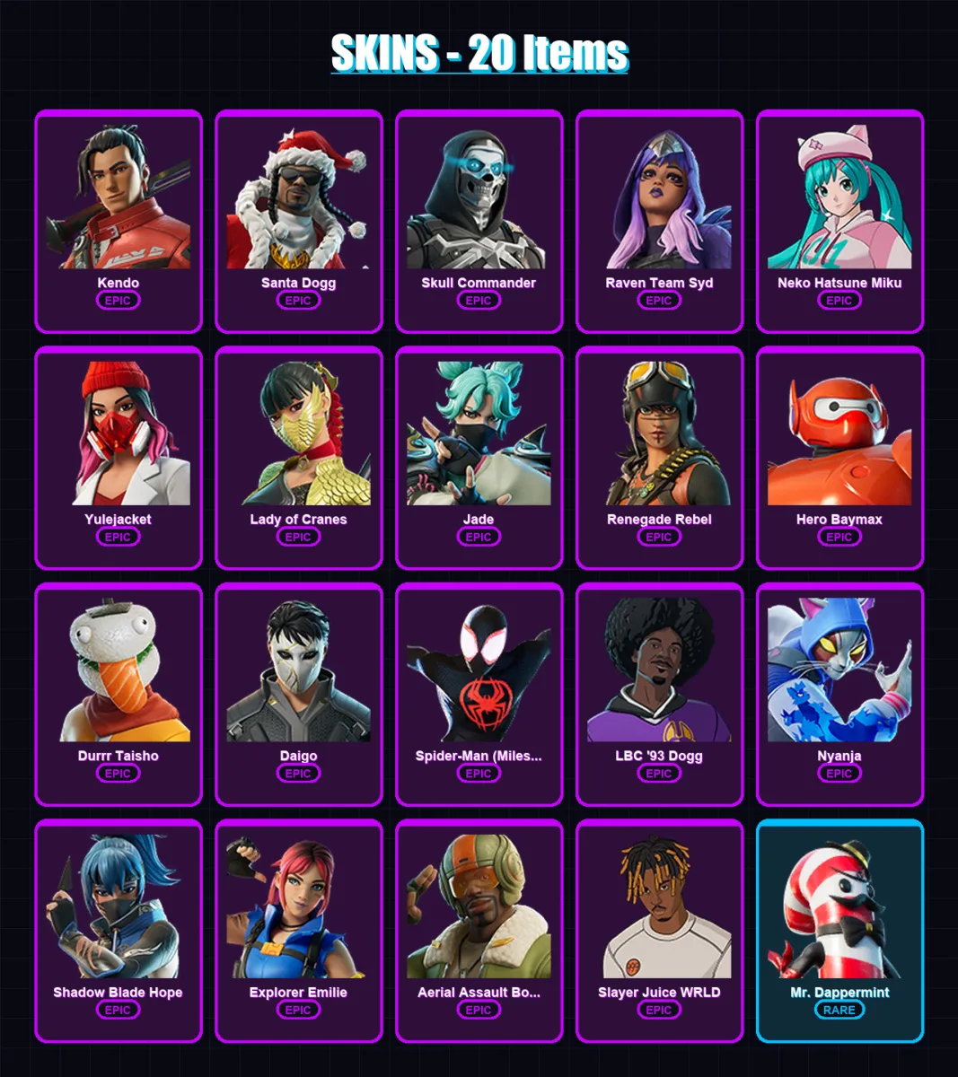 [PC/XBOX/PSN] | Kendo | Santa Dogg | Skull Commander | Raven Team Syd | Neko Hatsune Miku | 20 skin | 28 pickaxe | 16 emote | 18 glider | Lv136