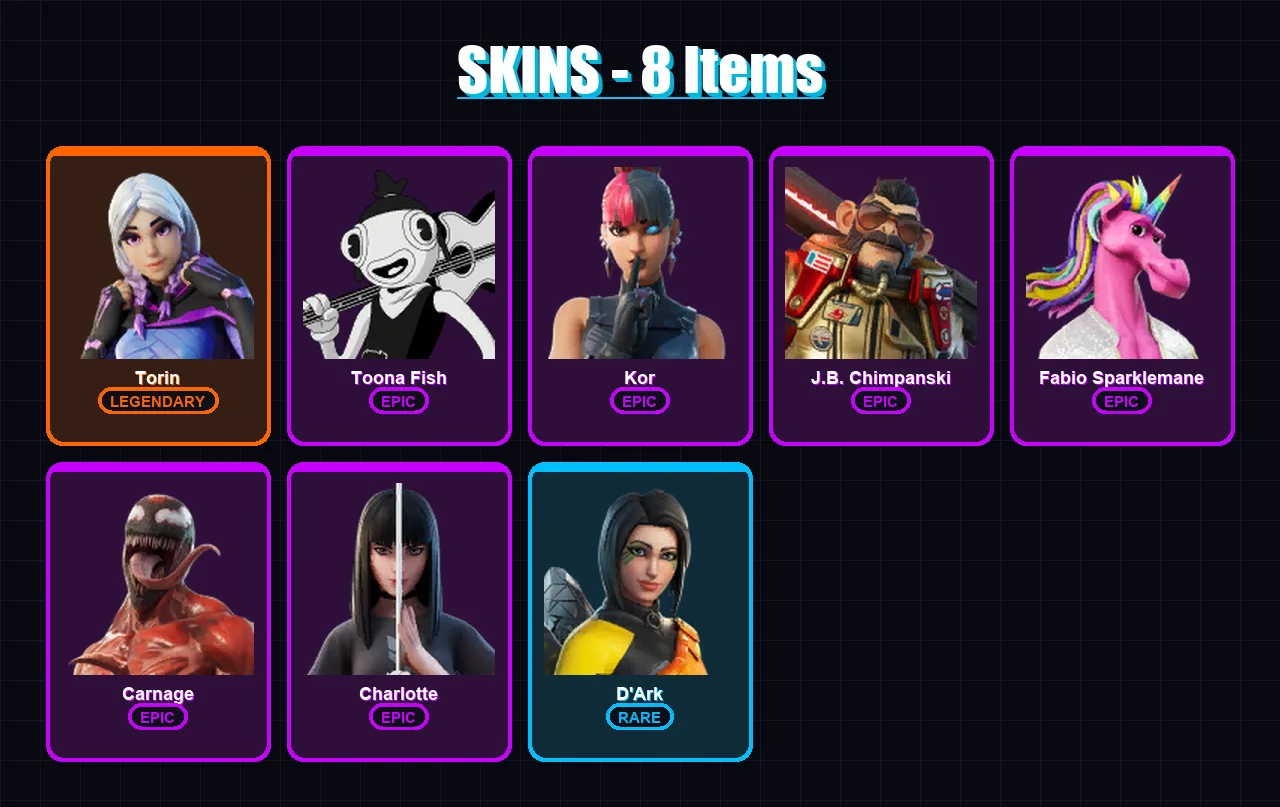 [PS4/PS5/XBOX/PC] | Torin | Toona Fish | Kor | J.B. Chimpanski | Fabio Sparklemane | 8 skin | 12 pickaxe | 22 emote | 13 glider | Lv328