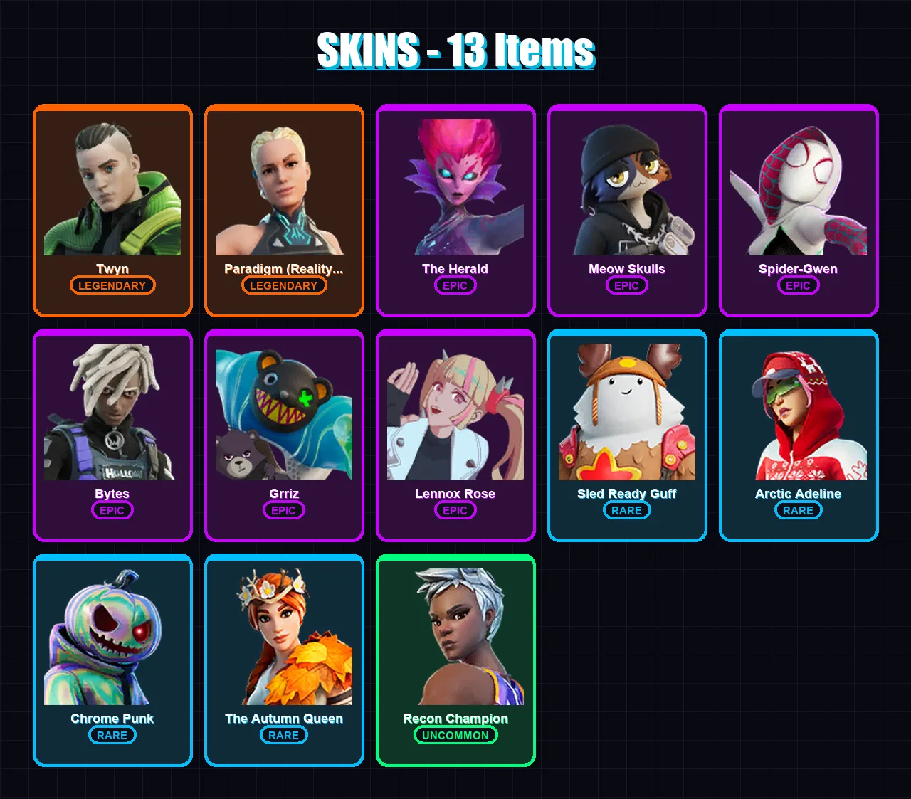 [PC/XBOX/PSN] | Twyn | Paradigm (Reality-659) | The Herald | Meow Skulls | Spider-Gwen | 13 skin | 25 pickaxe | 20 emote | 26 glider | Lv738