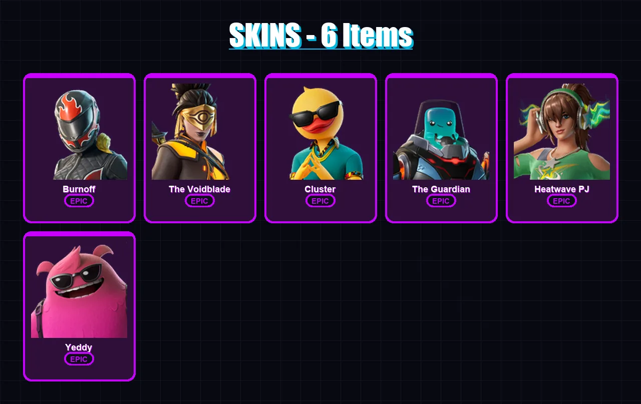 [PC/XBOX] | Burnoff | The Voidblade | Cluster | The Guardian | Heatwave PJ | 6 skin | 21 pickaxe | 16 emote | 18 glider | Lv122