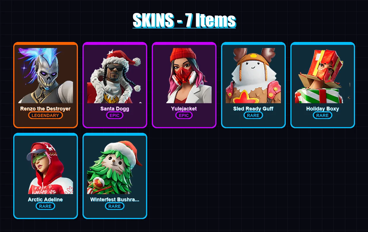 [PS4/PS5/XBOX/PC] | Renzo the Destroyer | Santa Dogg | Yulejacket | Sled Ready Guff | Holiday Boxy | 7 skin | 19 pickaxe | 8 emote | 13 glider | Lv8
