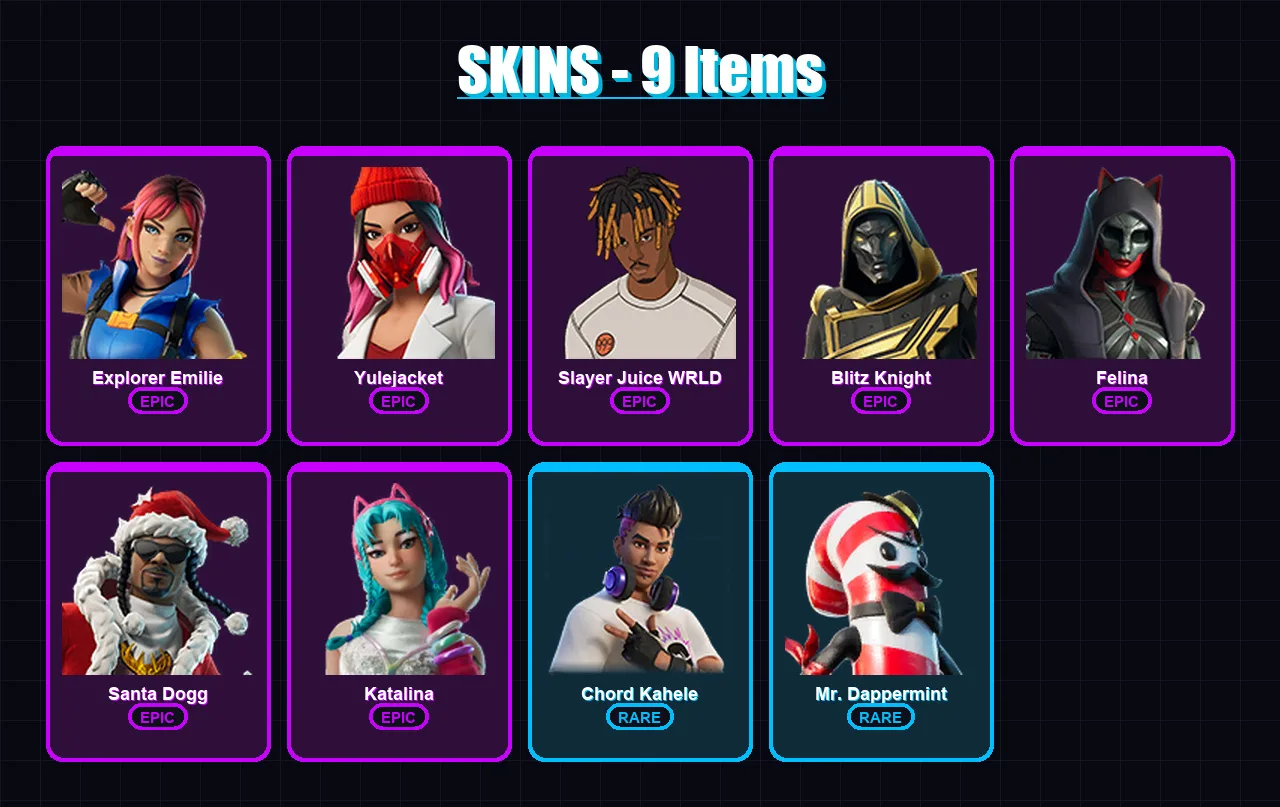 [PC/XBOX/PSN] | Explorer Emilie | Yulejacket | Slayer Juice WRLD | Blitz Knight | Felina | 9 skin | 37 pickaxe | 17 emote | 20 glider | Lv403