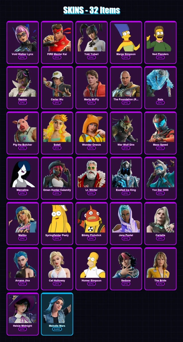 [PC] | Void Walker Lynx | FIRE Master Kai | Yuki Yubari | Marge Simpson | Ned Flanders | 32 skin | 44 pickaxe | 28 emote | 26 glider | Lv175