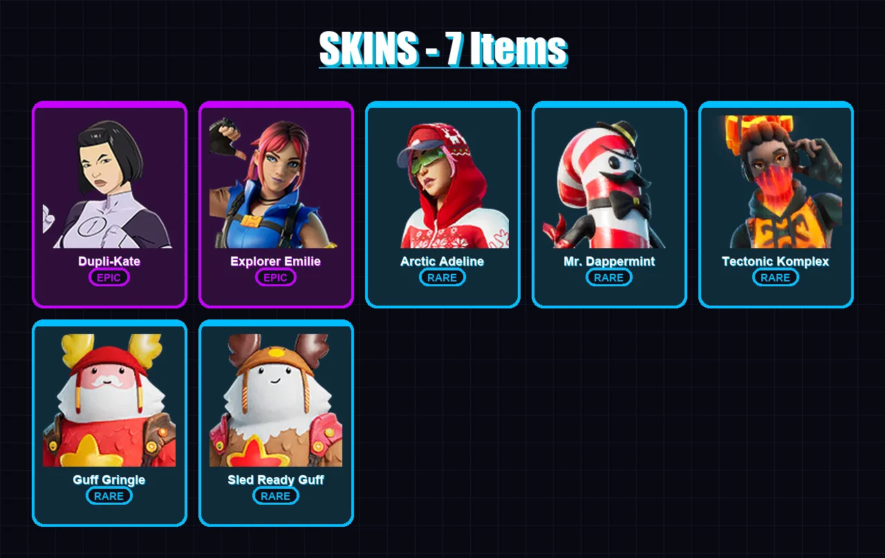 [PC/XBOX/PSN] | Dupli-Kate | Explorer Emilie | Arctic Adeline | Mr. Dappermint | Tectonic Komplex | 7 skin | 24 pickaxe | 15 emote | 23 glider | Lv3
