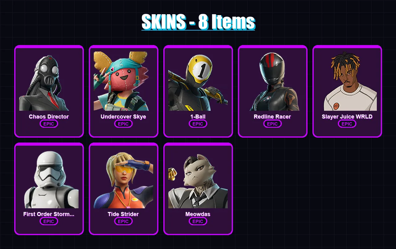 [PC/PSN] | Chaos Director | Undercover Skye | 1-Ball | Redline Racer | Slayer Juice WRLD | 8 skin | 36 pickaxe | 19 emote | 23 glider | Lv185