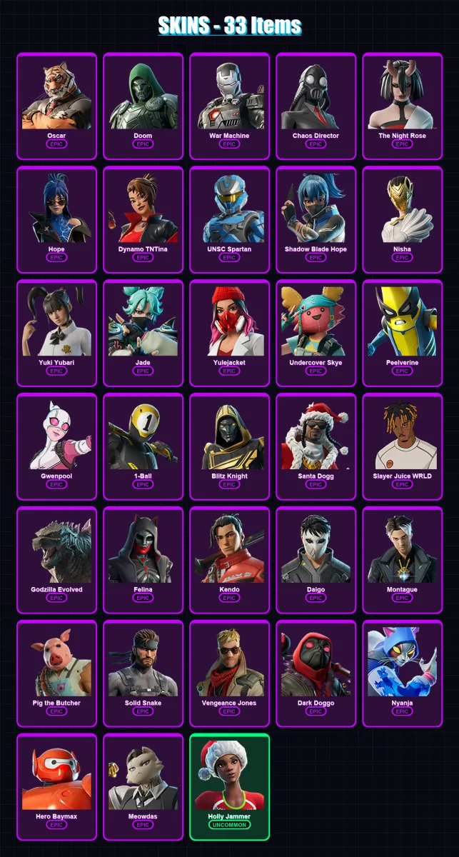 [PC/XBOX/PSN] | Oscar | Doom | War Machine | Chaos Director | The Night Rose | 33 skin | 85 pickaxe | 50 emote | 57 glider | Lv754