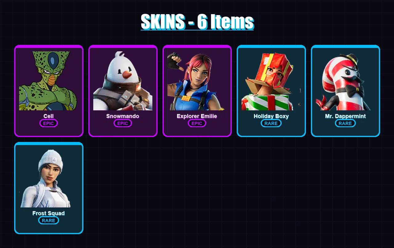 [PC/XBOX/PSN] | Cell | Snowmando | Explorer Emilie | Holiday Boxy | Mr. Dappermint | 6 skin | 19 pickaxe | 17 emote | 18 glider | Lv376
