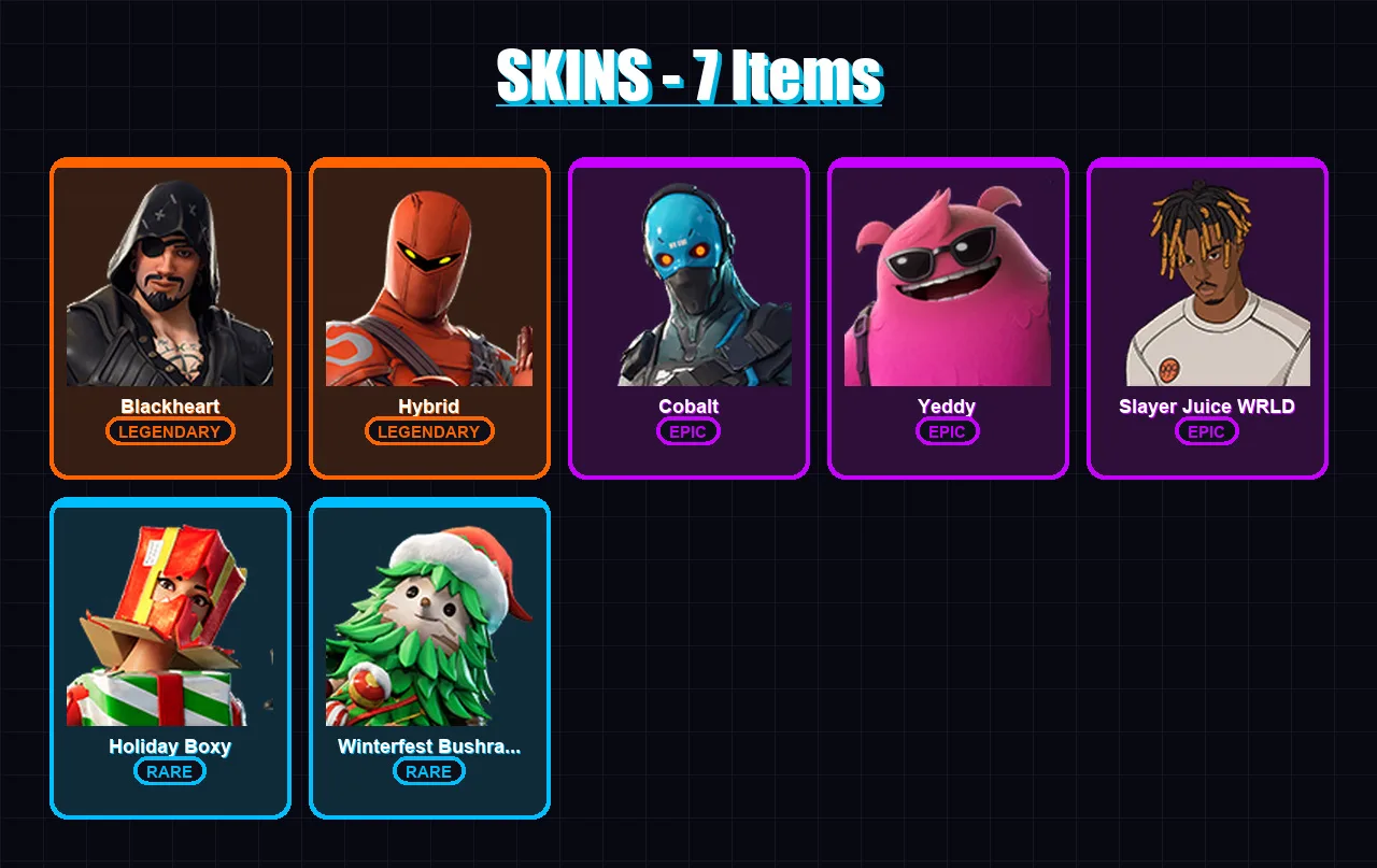[PC/XBOX/PSN] | Blackheart | Hybrid | Cobalt | Yeddy | Slayer Juice WRLD | 7 skin | 6 pickaxe | 7 emote | 9 glider | Lv101