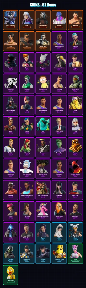 [SWITCH/XBOX/PSN/PC] | Spire Assassin | Torin | Mandalorian | Kymera | Menace | 61 skin | 48 pickaxe | 59 emote | 33 glider | Lv767
