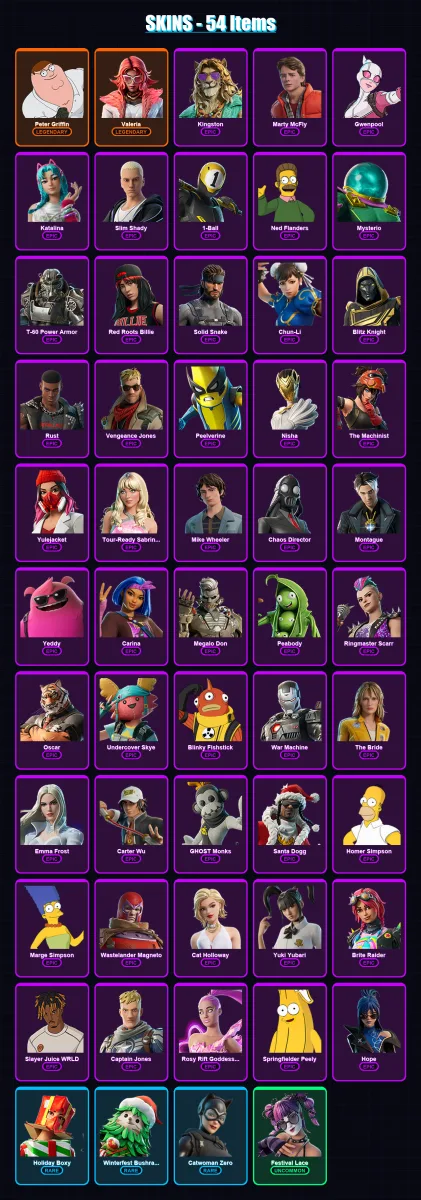 [PS4/PS5/XBOX/PC] | Peter Griffin | Valeria | Kingston | Marty McFly | Gwenpool | 54 skin | 96 pickaxe | 72 emote | 75 glider | Lv902