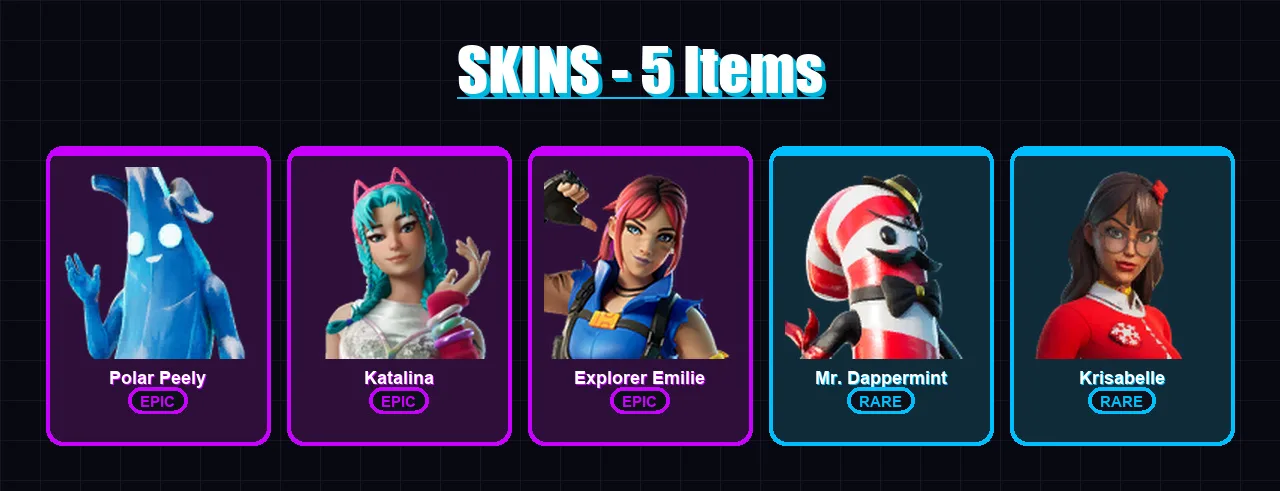 [PC/XBOX/PSN] | Polar Peely | Katalina | Explorer Emilie | Mr. Dappermint | Krisabelle | 5 skin | 8 pickaxe | 9 emote | 5 glider | Lv66