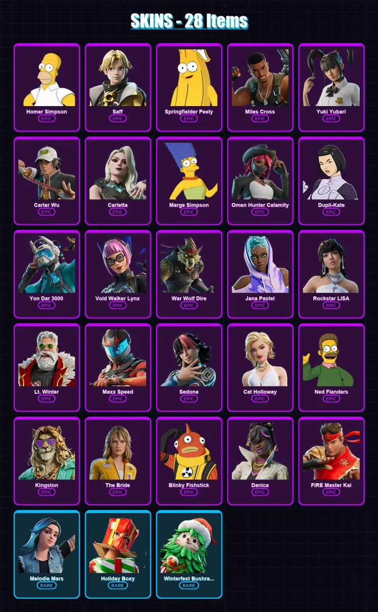 [PC/PSN] | Homer Simpson | Saff | Springfielder Peely | Miles Cross | Yuki Yubari | 28 skin | 56 pickaxe | 31 emote | 27 glider | Lv402