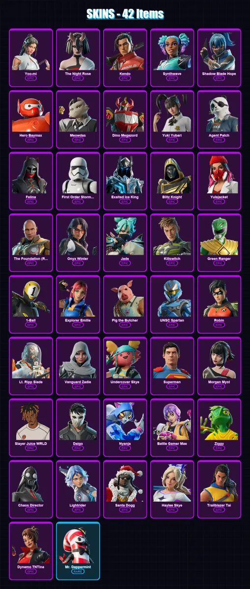 [PC/PSN] | Yoo-mi | The Night Rose | Kendo | Synthwave | Shadow Blade Hope | 42 skin | 112 pickaxe | 55 emote | 75 glider | Lv1421