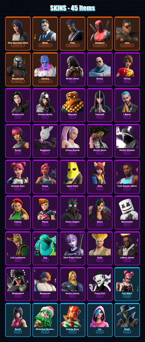 [PC/XBOX/PSN] | Gear Specialist Maya | Midas | Fade | Deadpool | Joey | 45 skin | 34 pickaxe | 25 emote | 36 glider | Lv361