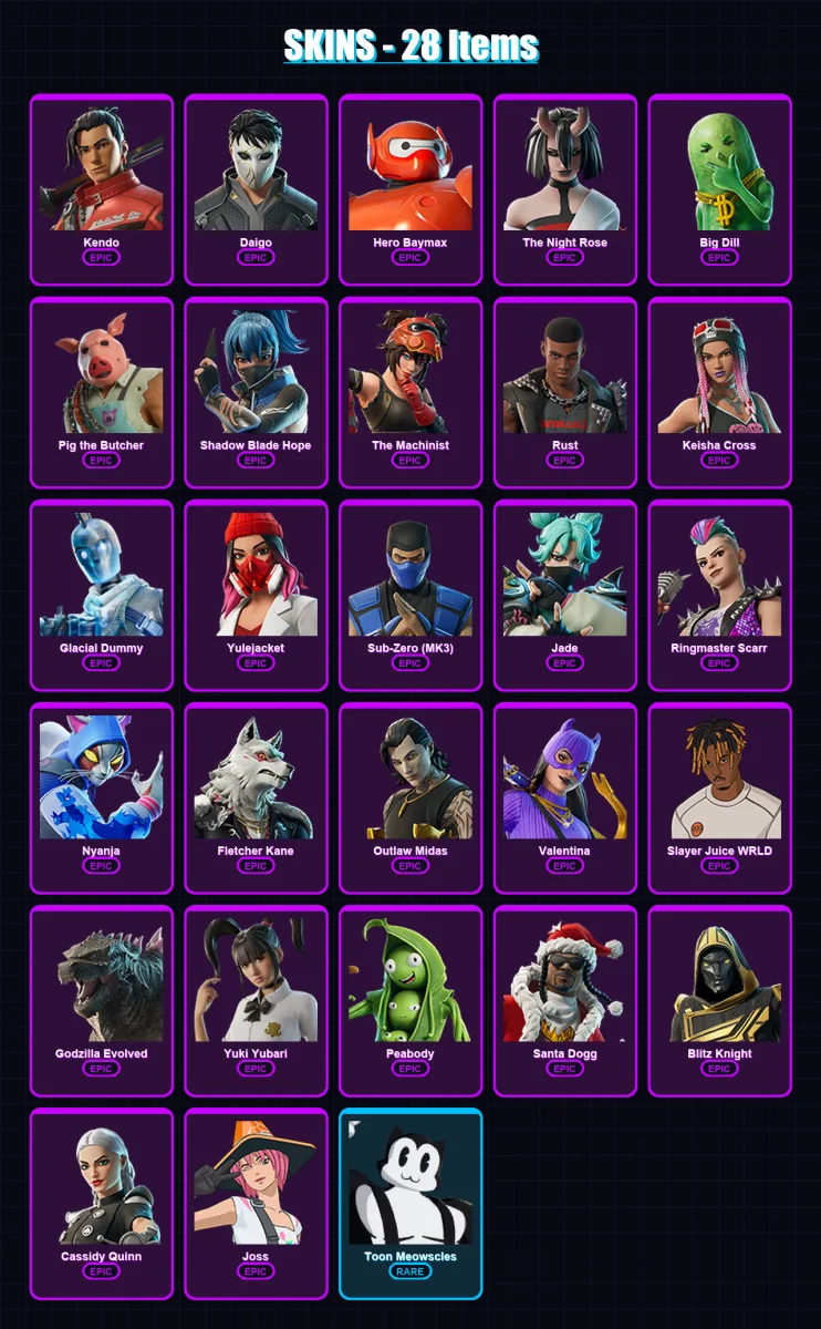 [SWITCH/XBOX/PC] | Kendo | Daigo | Hero Baymax | The Night Rose | Big Dill | 28 skin | 87 pickaxe | 43 emote | 53 glider | Lv668