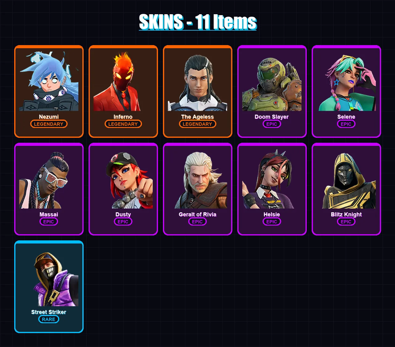 [PC/XBOX/PSN] | Nezumi | Inferno | The Ageless | Doom Slayer | Selene | 11 skin | 32 pickaxe | 22 emote | 27 glider | Lv386