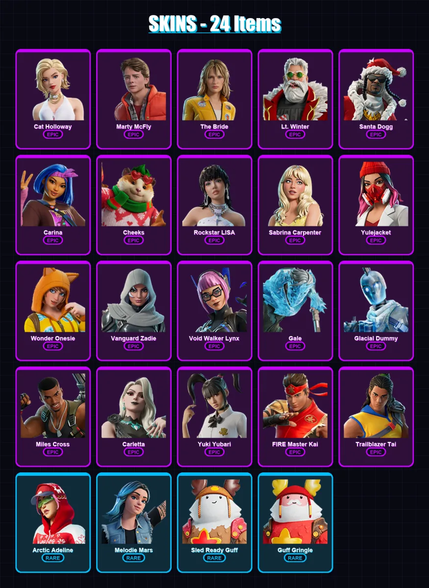 [SWITCH/PSN/PC] | Cat Holloway | Marty McFly | The Bride | Lt. Winter | Santa Dogg | 24 skin | 63 pickaxe | 24 emote | 30 glider | Lv372