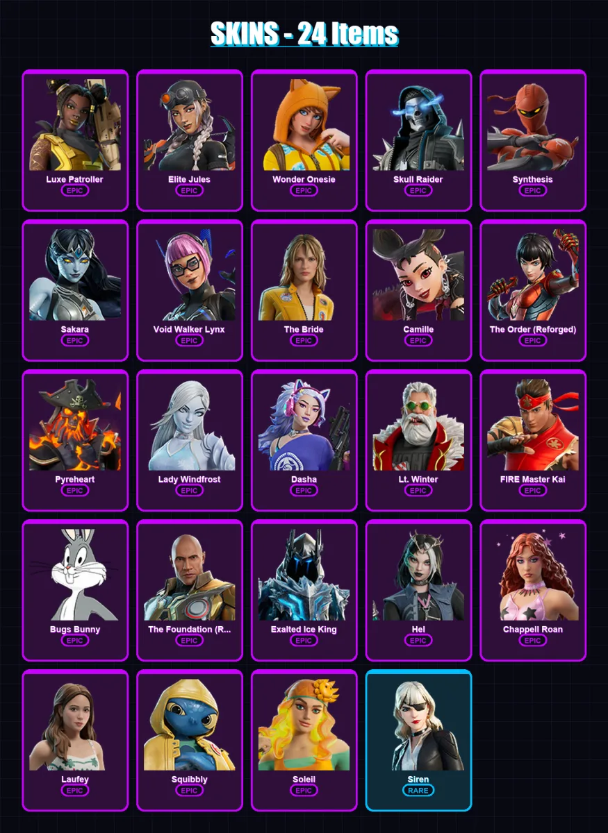 [PS4/PS5/PC] | Luxe Patroller | Elite Jules | Wonder Onesie | Skull Raider | Synthesis | 24 skin | 41 pickaxe | 24 emote | 28 glider | Lv836