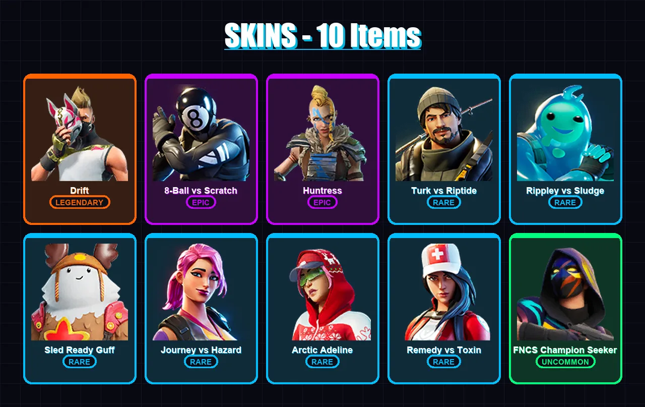 [PC/PSN] | Drift | 8-Ball vs Scratch | Huntress | Turk vs Riptide | Rippley vs Sludge | 10 skin | 32 pickaxe | 32 emote | 32 glider | Lv397