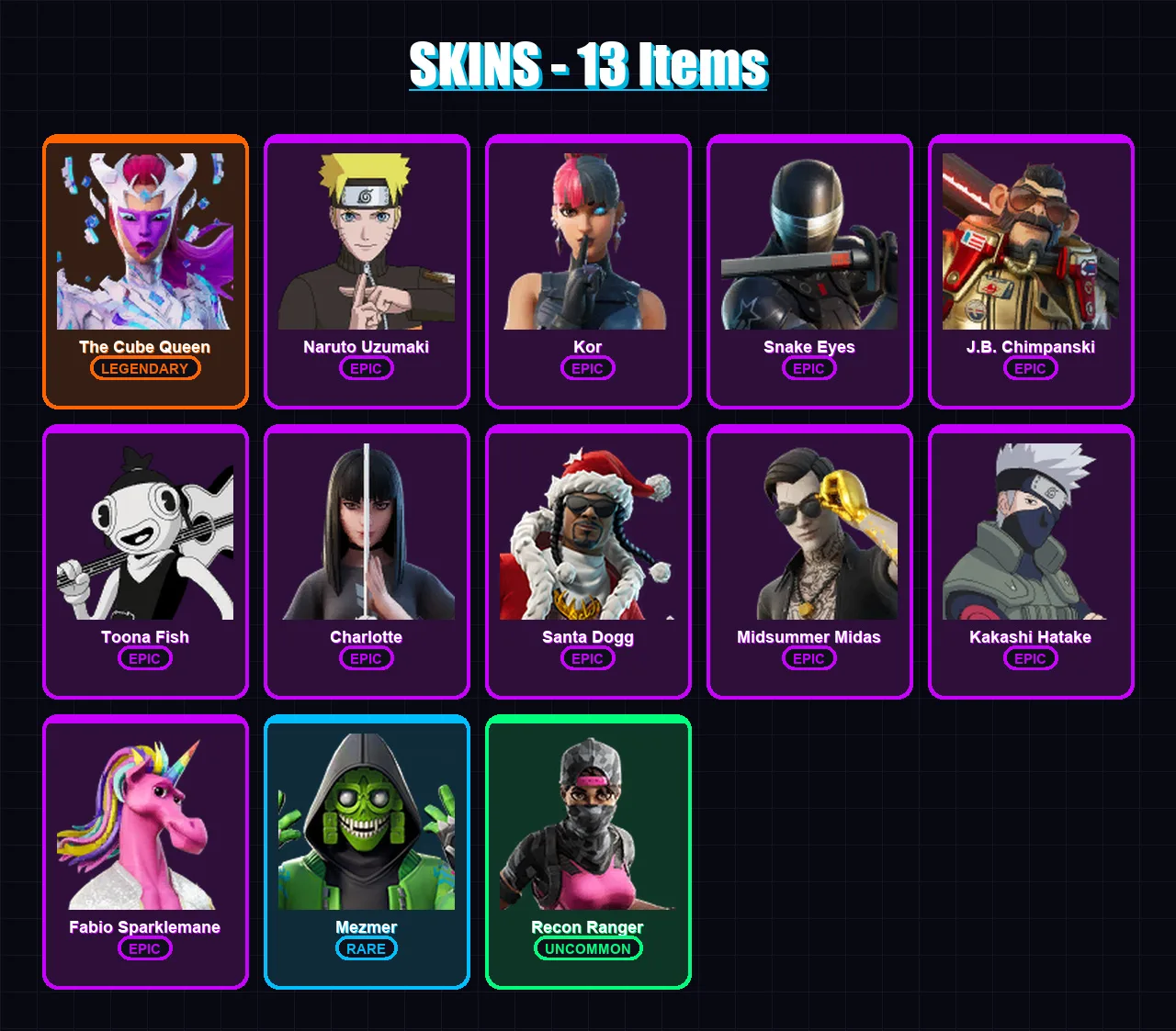 [PC/XBOX/PSN] | The Cube Queen | Naruto Uzumaki | Kor | Snake Eyes | J.B. Chimpanski | 13 skin | 13 pickaxe | 12 emote | 14 glider | Lv209 — Fortnite account