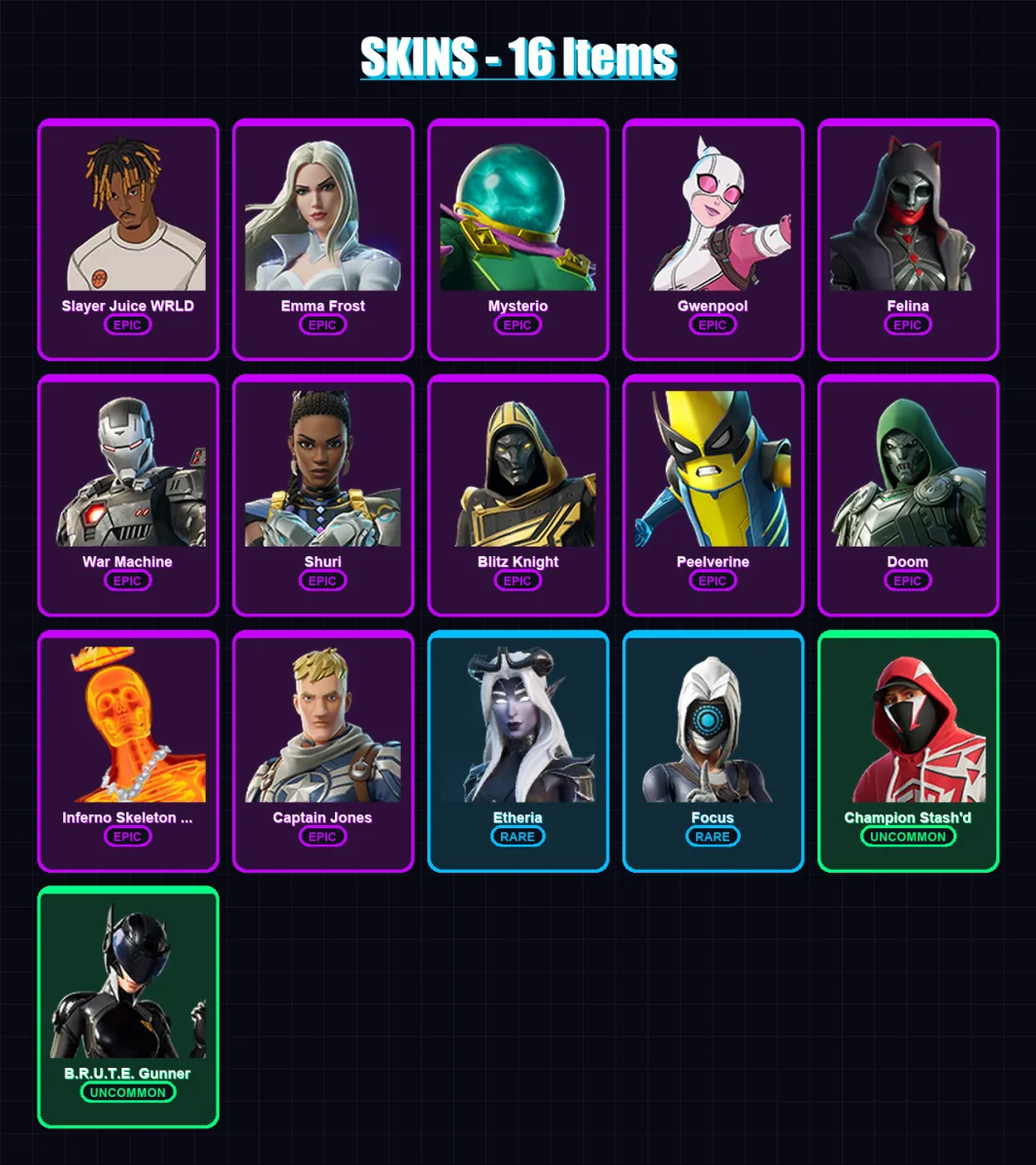 [PC/XBOX/PSN] | Slayer Juice WRLD | Emma Frost | Mysterio | Gwenpool | Felina | 16 skin | 31 pickaxe | 24 emote | 19 glider | Lv402