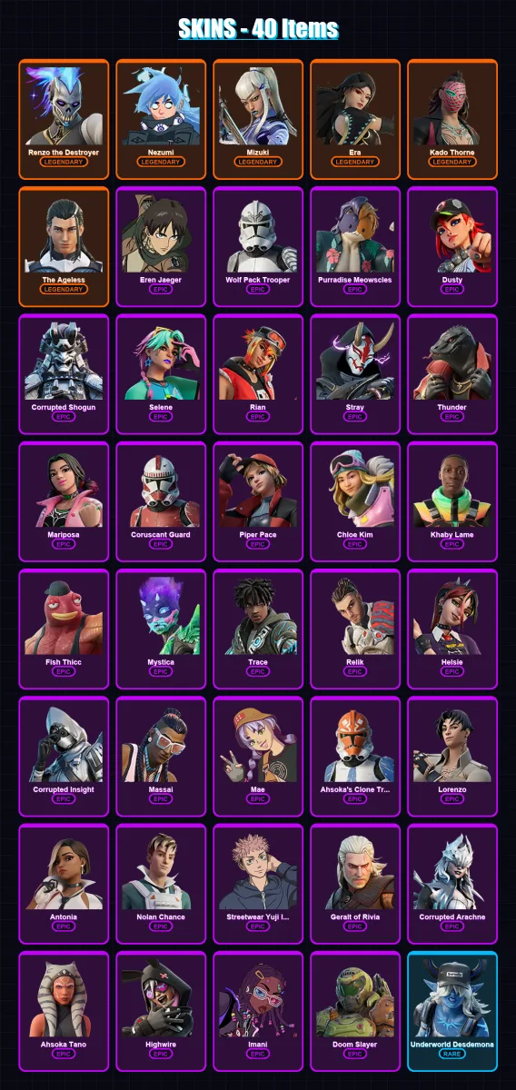 [PC/XBOX/PSN] | Renzo the Destroyer | Nezumi | Mizuki | Era | Kado Thorne | 40 skin | 44 pickaxe | 35 emote | 38 glider | Lv556