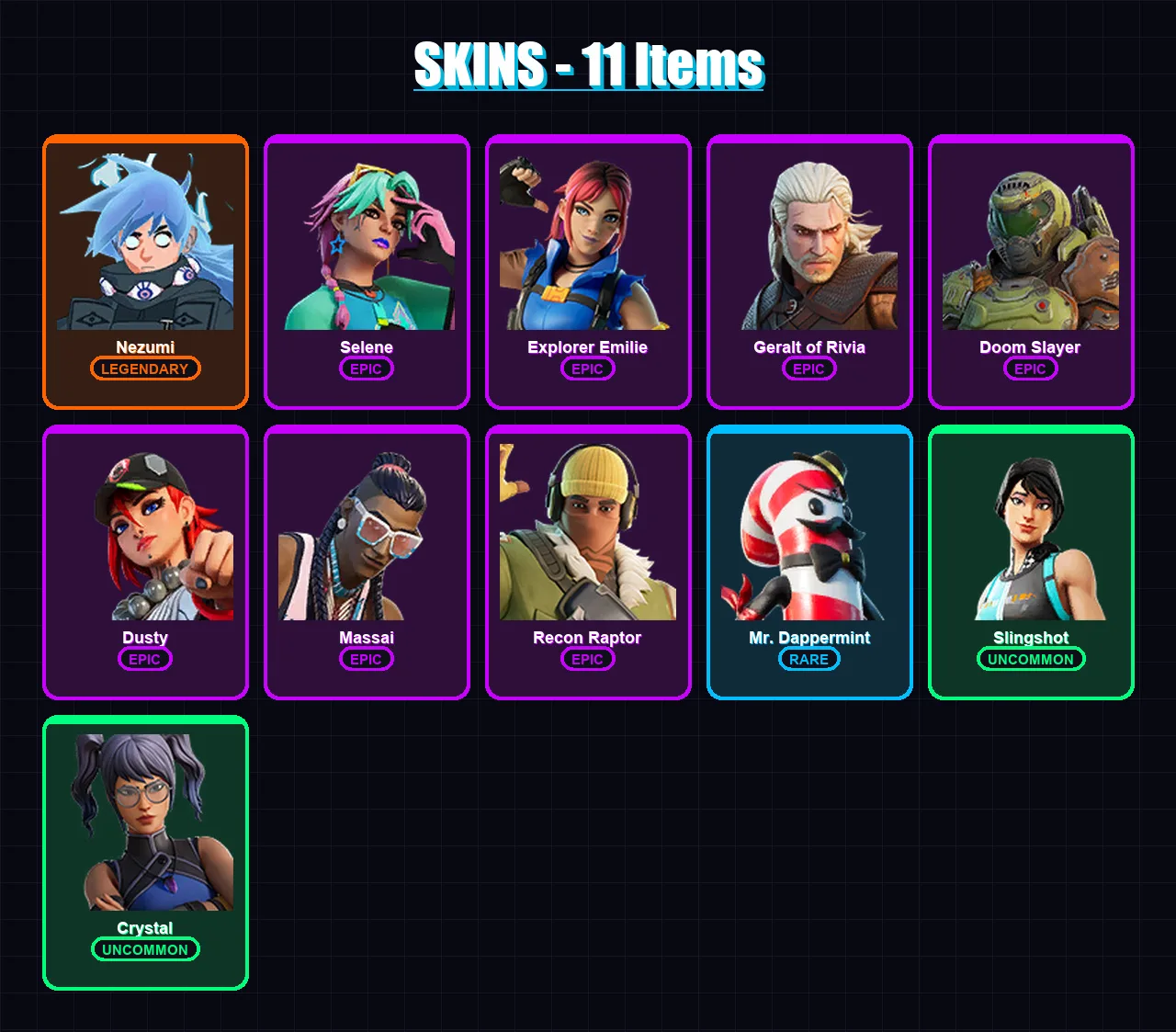[PC/XBOX/PSN] | Nezumi | Selene | Explorer Emilie | Geralt of Rivia | Doom Slayer | 11 skin | 11 pickaxe | 6 emote | 7 glider | Lv72