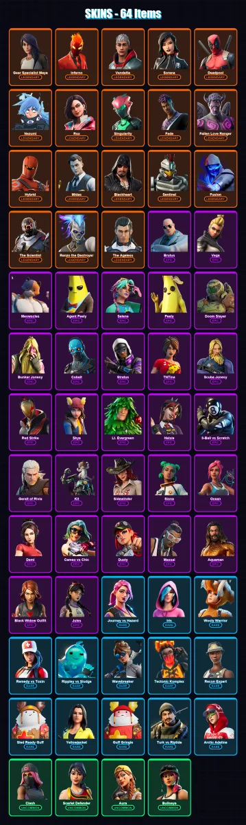 [PC/PSN] | Gear Specialist Maya | Inferno | Vendetta | Sorana | Deadpool | 64 skin | 70 pickaxe | 70 emote | 64 glider | Lv1423