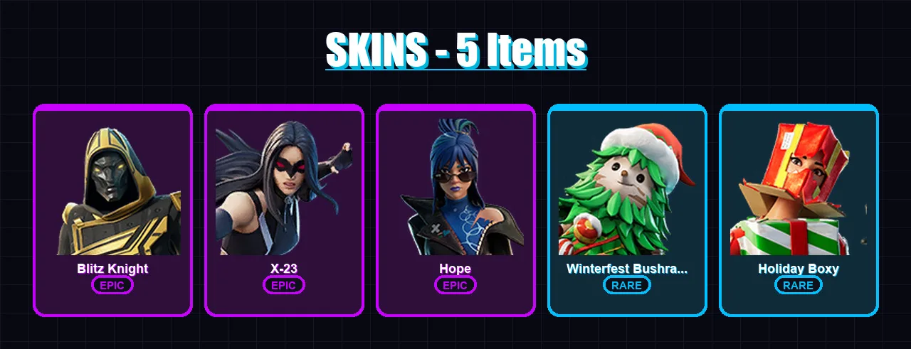 [PC/PSN] | Blitz Knight | X-23 | Hope | Winterfest Bushranger | Holiday Boxy | 5 skin | 9 pickaxe | 4 emote | 5 glider | Lv68