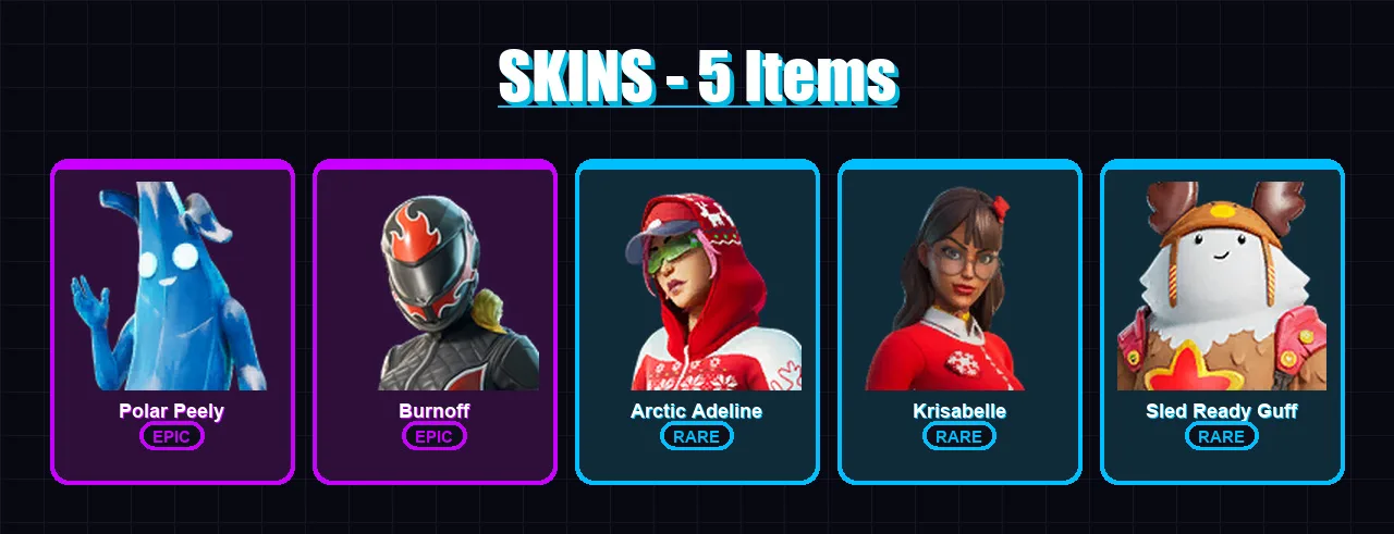 [PS4/PS5/XBOX/PC] | Polar Peely | Burnoff | Arctic Adeline | Krisabelle | Sled Ready Guff | 5 skin | 17 pickaxe | 12 emote | 13 glider | Lv193