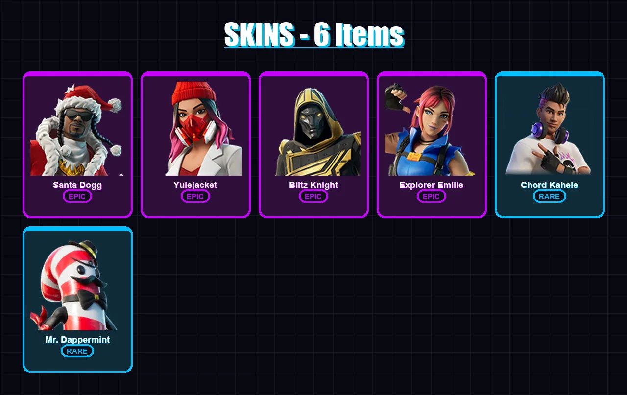 [PC] | Santa Dogg | Yulejacket | Blitz Knight | Explorer Emilie | Chord Kahele | 6 skin | 24 pickaxe | 9 emote | 17 glider | Lv141